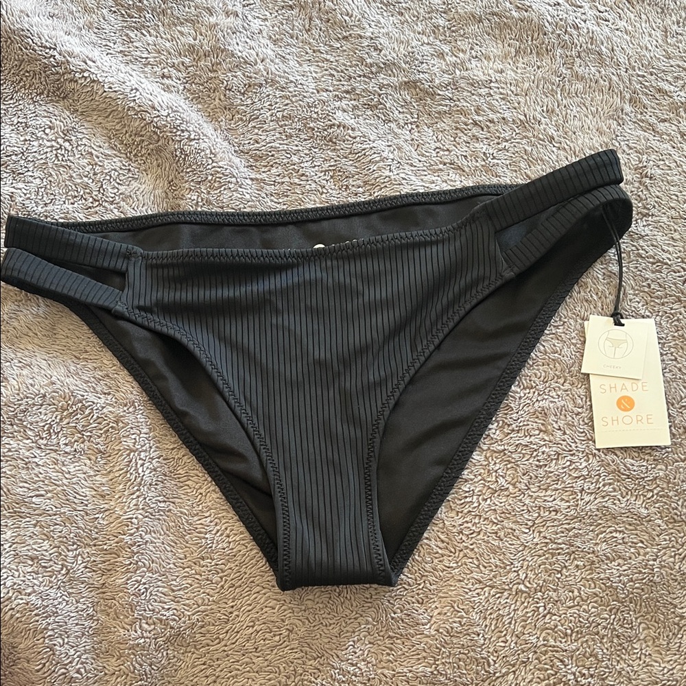 Shade & Shore Black Ribbed Side cut-out strap Bikini Bottom